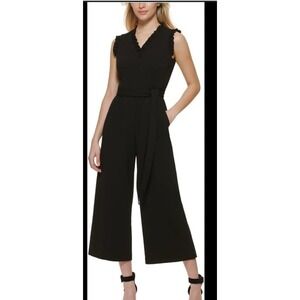 Calvin Klein Wide Leg Jumpsuit Ruffle‎ V Neck Belted Sleeveless Cropped Size 8